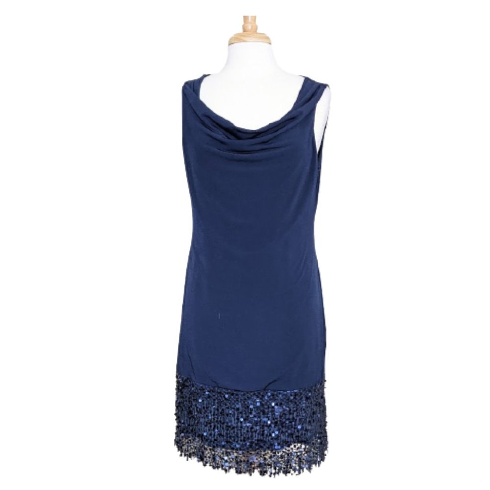 ELIE TAHARI Navy Blue Cocktail Dress w/ Draped Neckline and Lace/Sequined Hem
